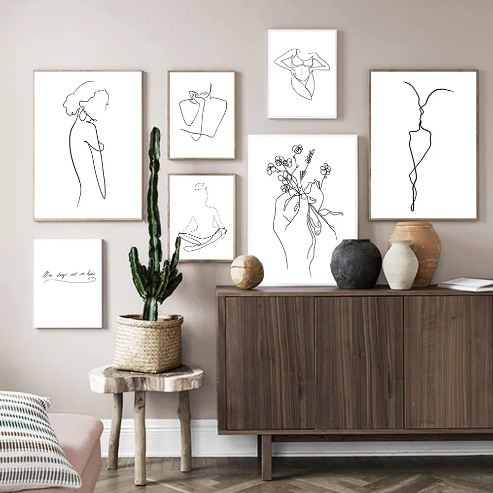 Zoe Line Art Drawing Canvas Prints Sketches Woman Bouquet of Peace Kiss Painting Poster Minimalist Wall Home Decor | Дом и сад