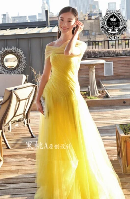 Robe de soiree, короткий рукав, желтое Тюлевое длинное ТРАПЕЦИЕВИДНОЕ вечернее платье, новинка,, сексуальное платье для выпускного вечера, официальное платье, праздничное длинное платье - Цвет: Цвет: желтый