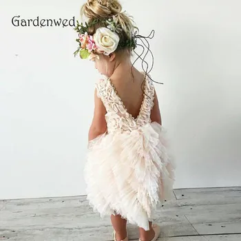 

Cute Puffy Ruffles Tulle Flower Girl Dresses V Neck Short Knee Length Ball Gown First Communion Dresses