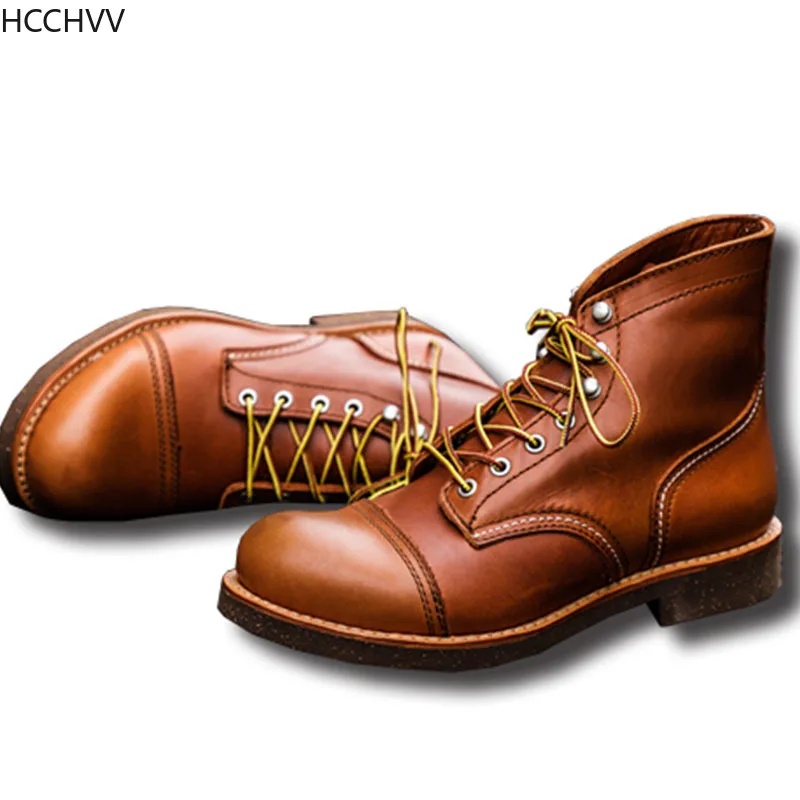 

New Spring Autumn Vintage Tooling Dark Wings Male Motorcycle Boots Quality Cow Leather Round Toe Red Men Casual Ankle Boots
