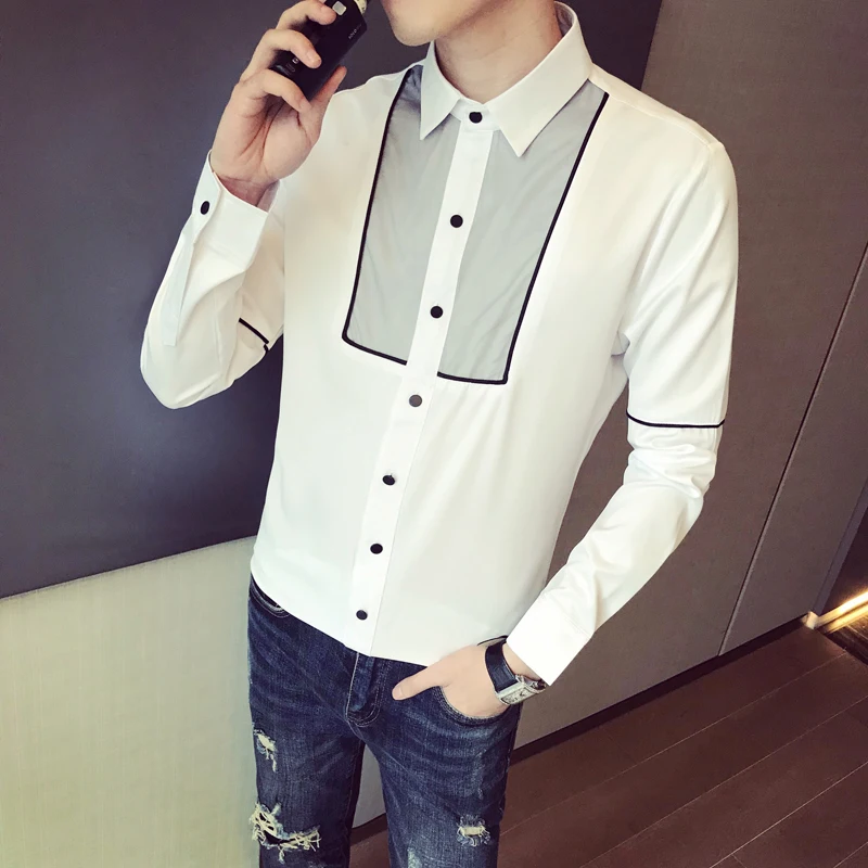 Camisa masculina manga longa Мода Лоскутные цветные мужские повседневные рубашки приталенная уличная одежда костюм воротник Выпускной смокинг 3xl-m