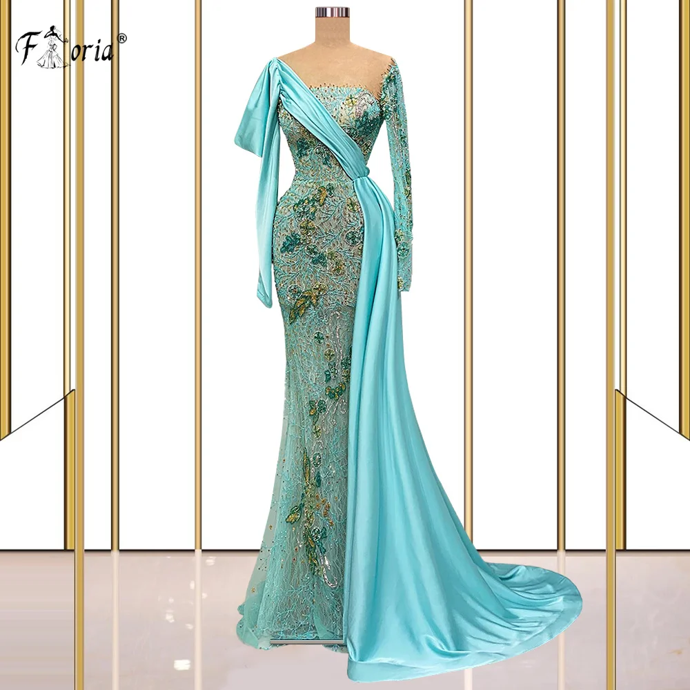 

Sheer Neck Long Sleeve Mermaid Even Dresses With Overskirts Lace Formal Party Gown Special Occasion Dress Mint Green فساتين السه
