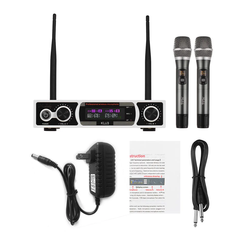Muslady KLU3 UHF Wireless Microphones Set with 1 Receiver 2 Handheld Microphone Color Screen for DJ Party Karaoke Meeting - Цвет: White-US