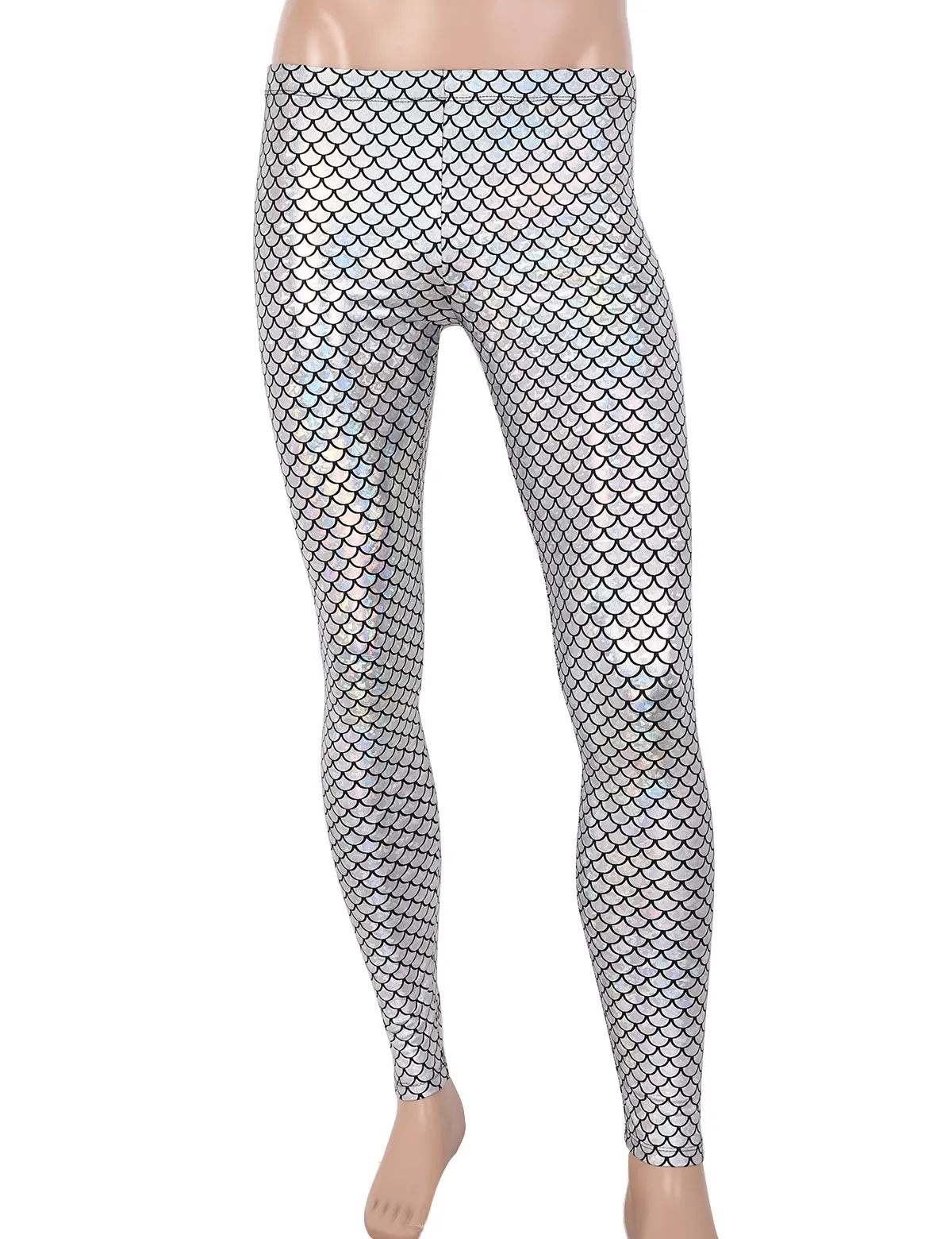 Men Shiny Mermaid Fish Scales Printed Mid Rise Elastic Waistband Skinny Leggings Tights Club Party Festival Rave Dance Costume