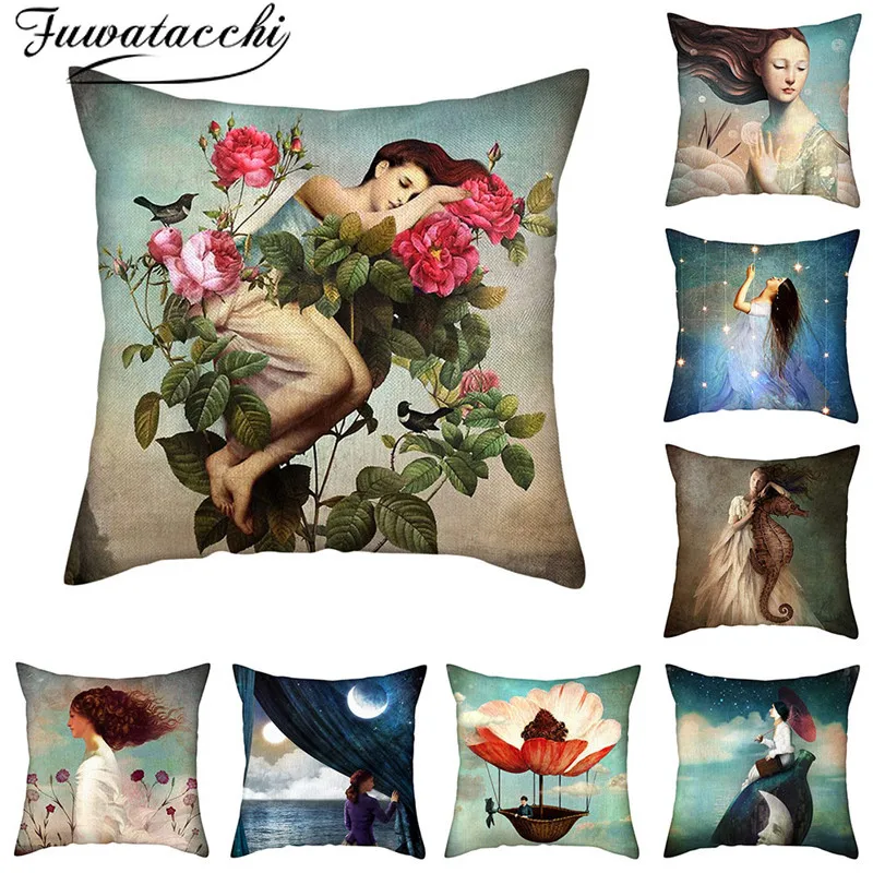 

Fuwatacchi Pure Linen Cushion Cover Cartoon Character Pattern Pillow Cover for Home Chair Sofa Decorative Pillowcases 45x45cm