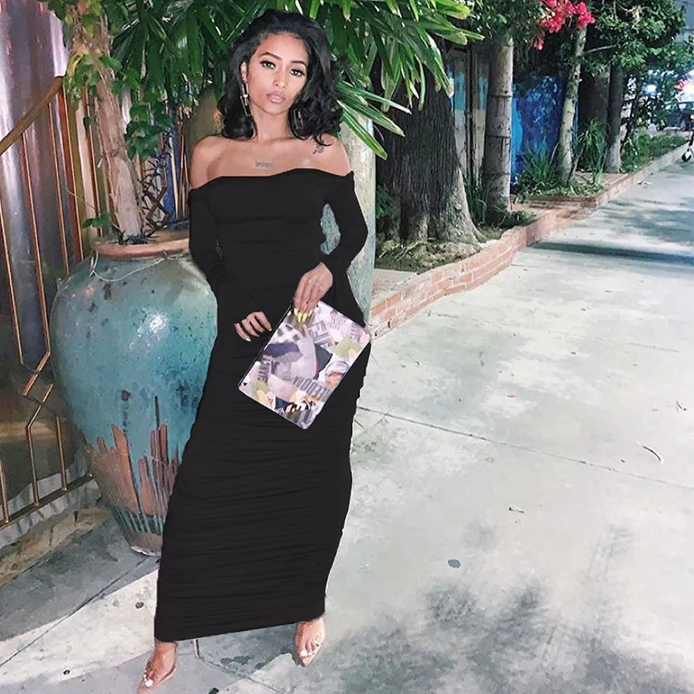 

BKLD Autumn Winter New Wrapped Chest Off Shoulder Full Sleeve Backless Sexy Solid Long Dress Women Bow Fold Bodycon Clubwear