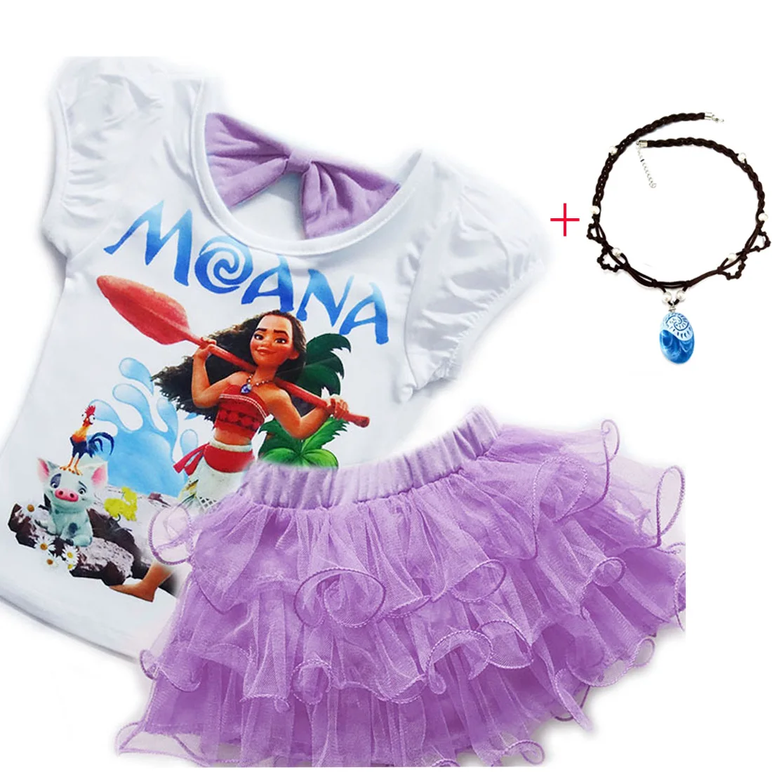 Moana/летние вечерние платья принцессы с изображением океана для маленьких девочек, платье с рисунком Моаны для детей, От 3 до 12 лет Одежда для девочек футболка+ короткая юбка - Цвет: FZ912-necklace