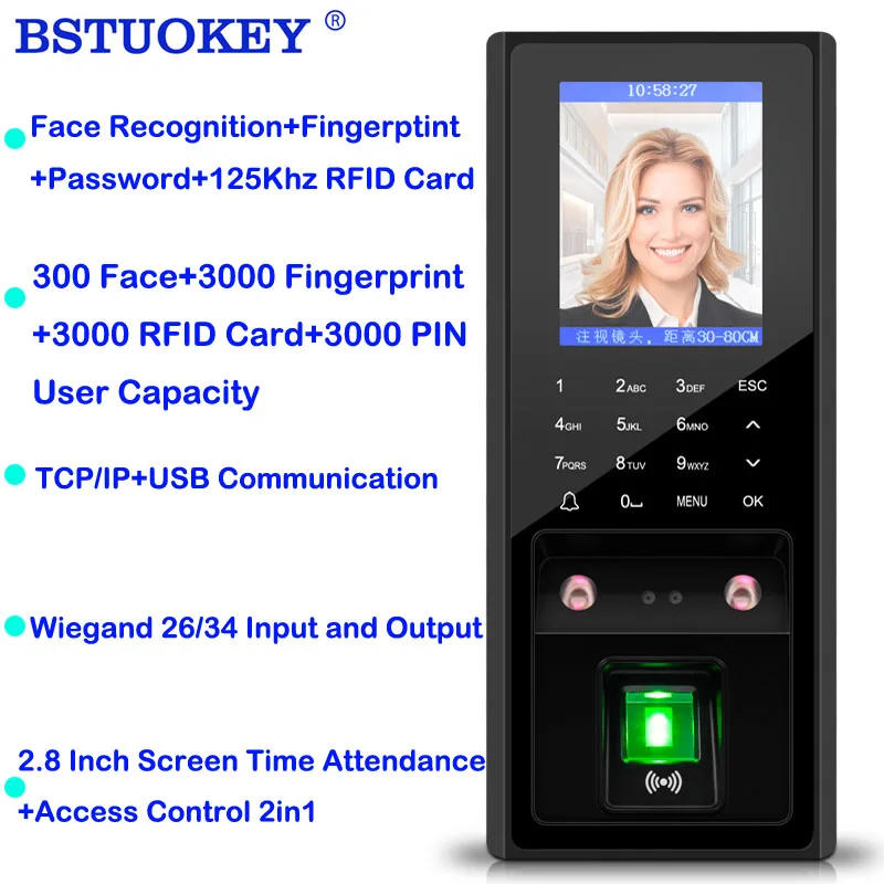 2.8 inch LCD TCP/Ip USB Biometric Fingerprint Face Access Control System Time Clock 125khz Rfid 300 Face 3000 Figner Card User