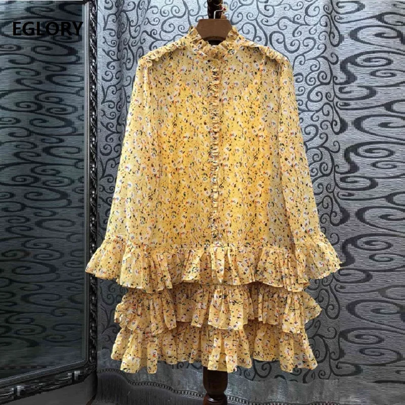 High Quality New Autumn Fashion Dress Women Charming Floral Print Cascading Ruffle Sexy Party Long Sleeve Yellow Dress Club