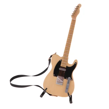 

1:6 Wooden Instrument Guitar Model With Stand For Dollhouse Accessory Beige