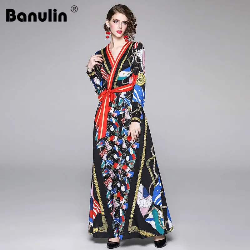 

Banulin New Autumn Fashion Runway Dress Women's V Neck Front Self Tie Vintage Floral Stripe Printed A Line Long Maxi Dress