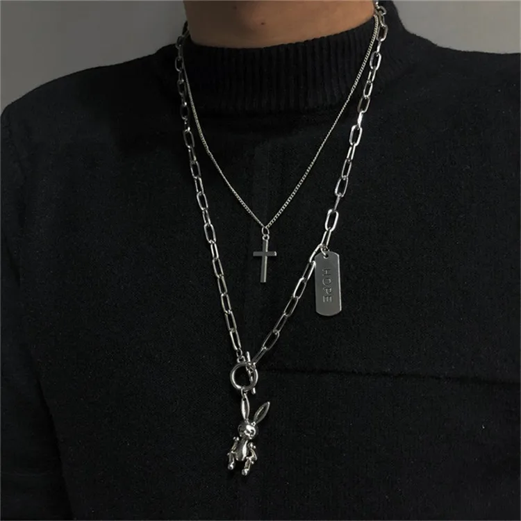 

Multilayers Punk Chains Rabbit Cross Necklace Couple Fashion Street Hip Hop Geometric Metal Pendant Necklaces for Women Men