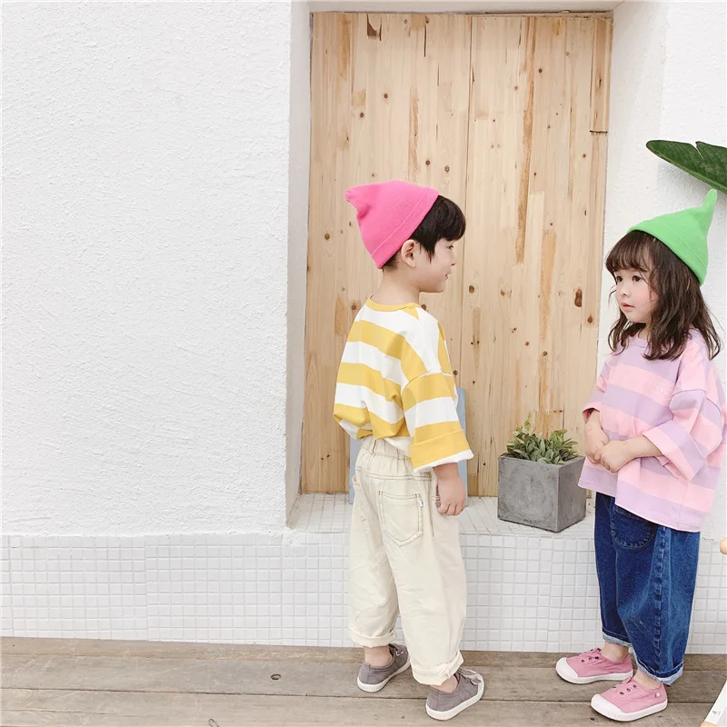 Fashion Spring Autumn Pure Cotton Boys Girls Clothes Baby Girls Boys T-Shirt Children Coat Long Sleeved Stripe T-Shirt