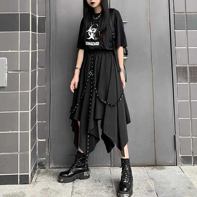 Punk Grunge Asymmetrical Black Ribbon Skirt 5