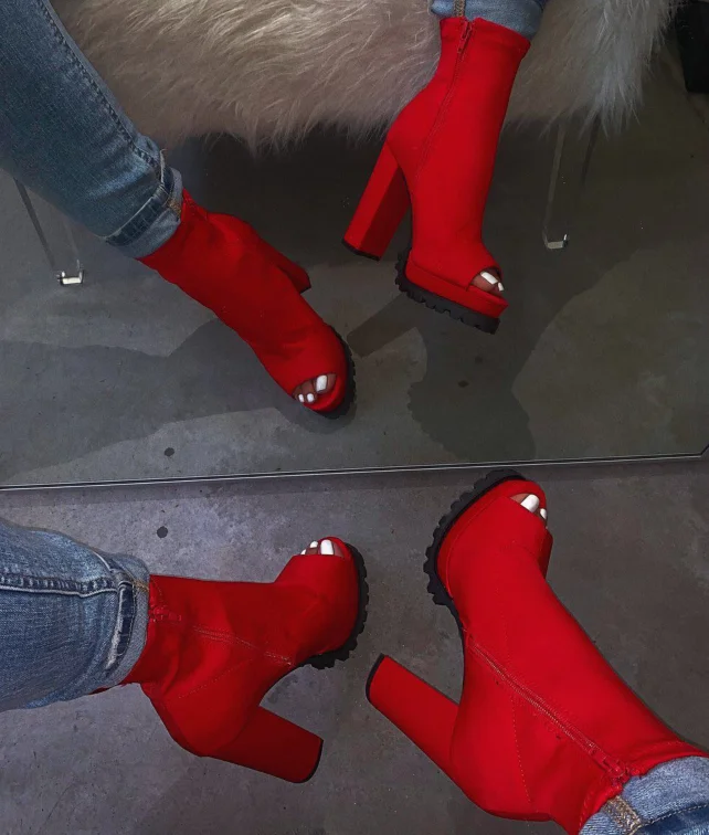 

Hot Sale Bright color boots women new zipper snake pattern waterproof platform high-heeled thick-soled open toe low boots