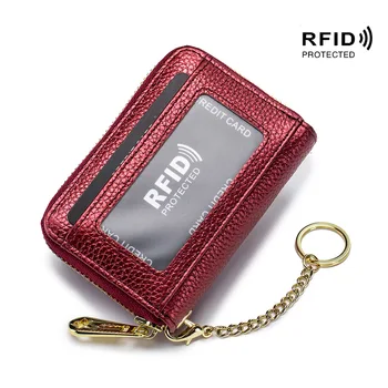 

Fashion RFID Blocking Women Card Holder Genuine Leather Female ID Credit Card Wallet with Chain