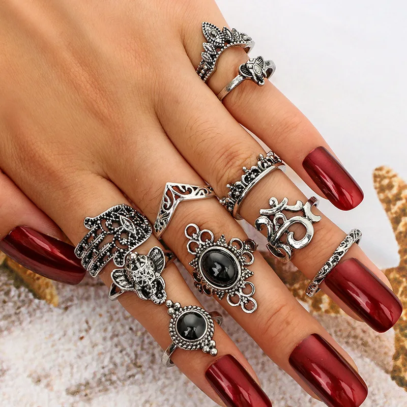 Bohemian Retro Elephant Hollow Hand Crown Wave Gems Geometry Black Crystal Ring Set Women Charm Jewelry Accessories | Украшения и