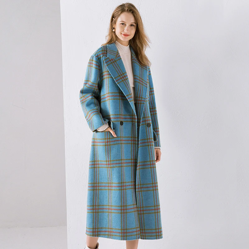 

Women Plaid Wool Coat Autumn Winter 2020 New Fashion Vintage Blue Loose H Version Double-faced Wool Blends Long Coat