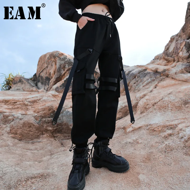 

[EAM] High Elastic Waist Bandage Drawstring Pocket Trousers New Loose Fit Pants Women Fashion Tide Spring Autumn 2019 JZ667
