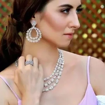 HIBRIDE Luxury Shiny Nigeria 2pcs Bridal Zirconia Jewelry Sets For Women Party Accessories Three Layers Necklace Sets N-1895