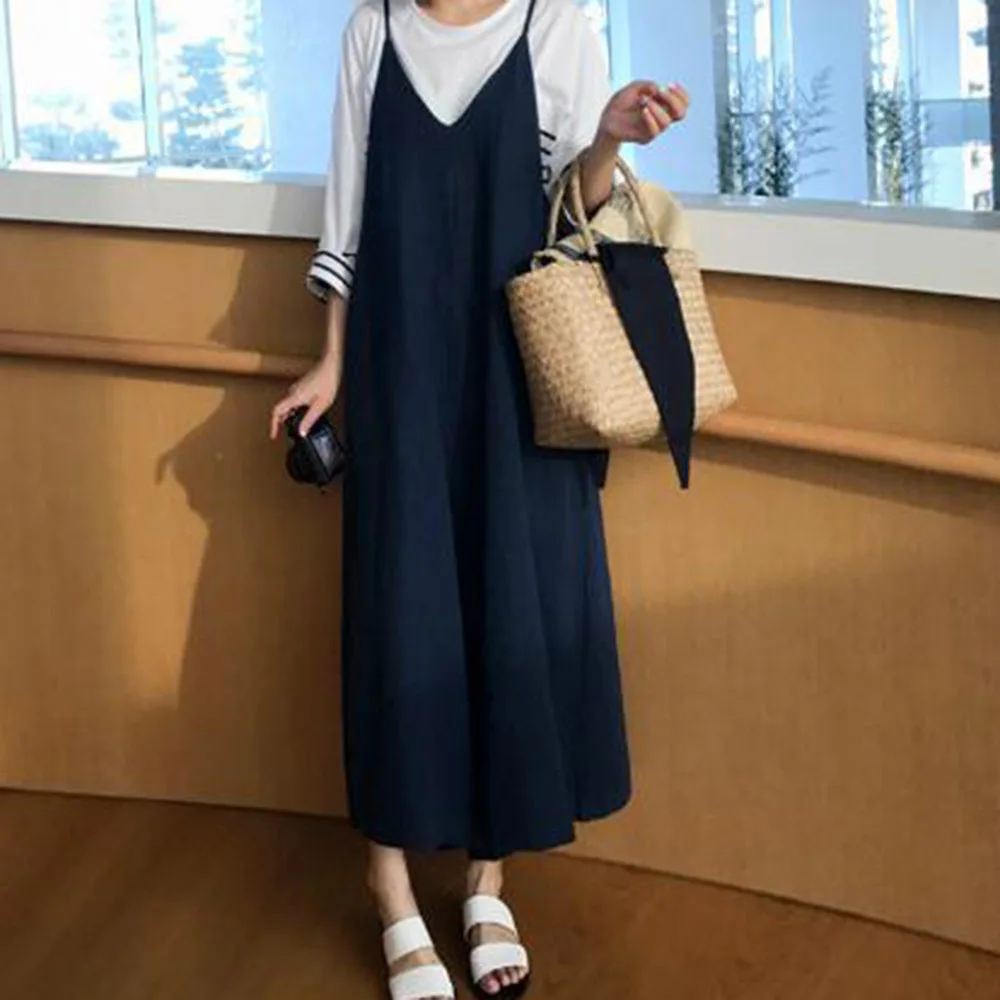 

2020 Summer Casual Linen Jumpsuit Romper Korean Japan Fashion Oversized Spaghetti Strap Loose Women Wide Leg Jumpsuit Overall