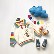 Tonytaobaby/Новинка; осенне-зимняя одежда для мальчиков и девочек; Детские милые хлопковые свитера с рисунком радуги и отложным воротником