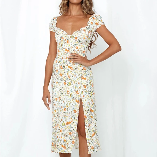 2020 Summer Vintage Party Dress V-neck Elegant Sexy Dress Beach Female Floral Print Mid Dresses Vestidos 1