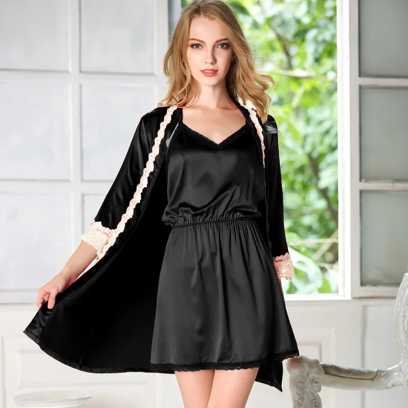 

Women's Sexy Embroidered Strap Nightdress Long Sleeve Nightgown Two-Piece Set