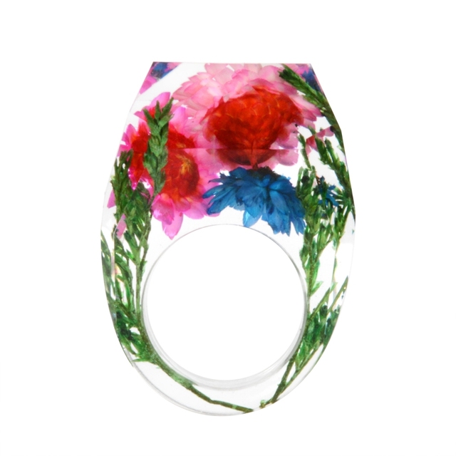 Transparent Forest Handmade Dried Flower Resin Ring Colorful Ink Pattern Scenery for Women Fashion Jewelry Ring