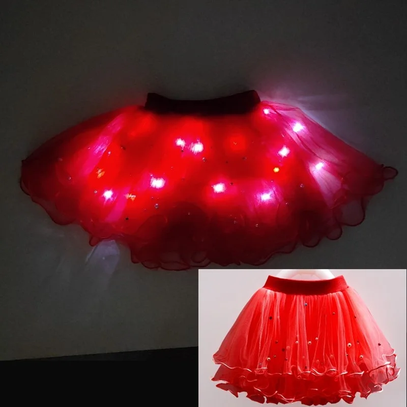 

Tutu Skirt 2020 new children's light mesh skirt girl luminous novelty led fluffy skirt with interlining skirt Show dress red