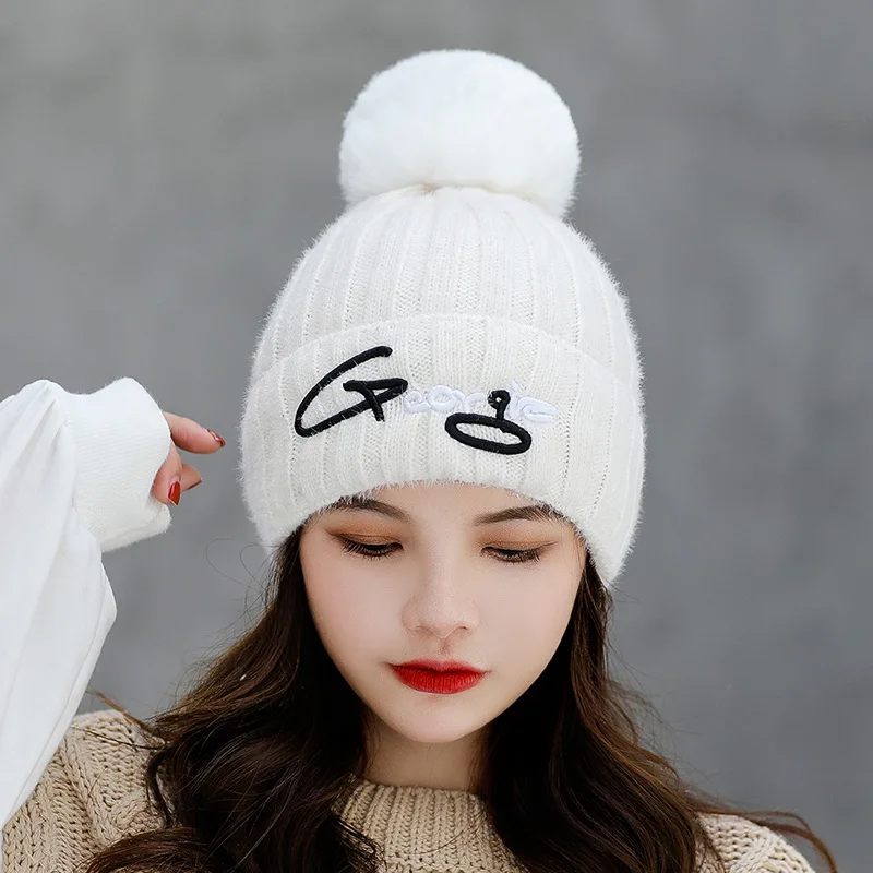 New Winter Knitted Beanies Hats Women Pompom Letter Knit Hat Fashion Solid Color Warm Beanie Skullies Hat Female Winter Cap - Color: milky white