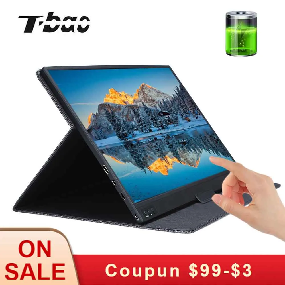 Скидка T bao портативный монитор с сенсорным экраном 1920x1080 HD ips 15,6 дюймов дисплей монитор 8000 мАч перезаряжаемый аккумулятор с кожаным чехол