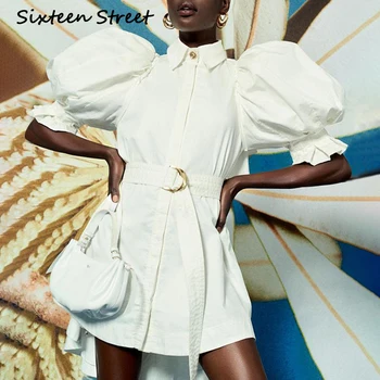 

2020 New Spring Short Lantern Sleeve Dress Woman turn-down collar vintage chic fashion dress female boho Summer vestidos