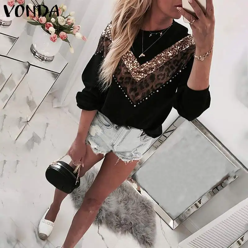 VONDA Vintage Sweaters Plus Size Women Leopard Patchwork Blouses Casual Knitwear Long Sleeve Round Neck Knitted Sweater S-5XL