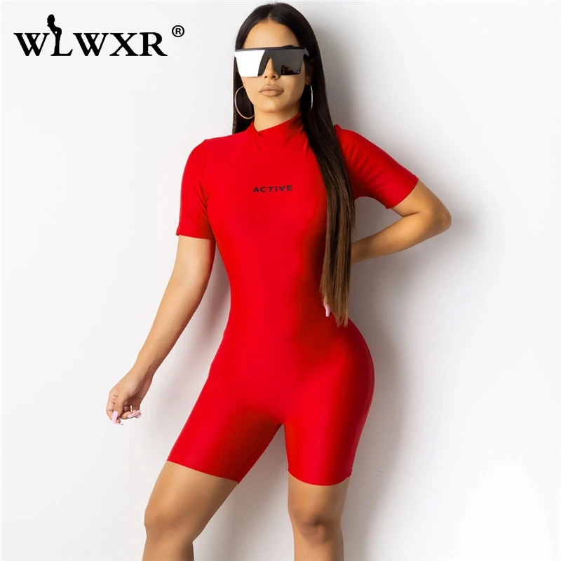 WLWXR черный облегающий короткий комбинезон для Женский Игровой костюм с буквенным принтом фитнес-байкер летний сексуальный комбинезон женский комбинезон