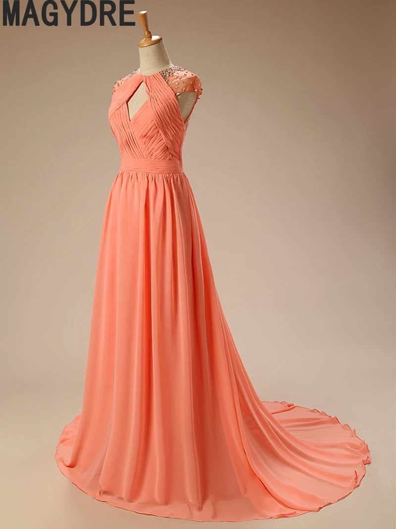 Светло-оранжевые вечерние платья трапециевидной формы с бусинами элегантное шифоновое длинное платье без рукавов в пол
