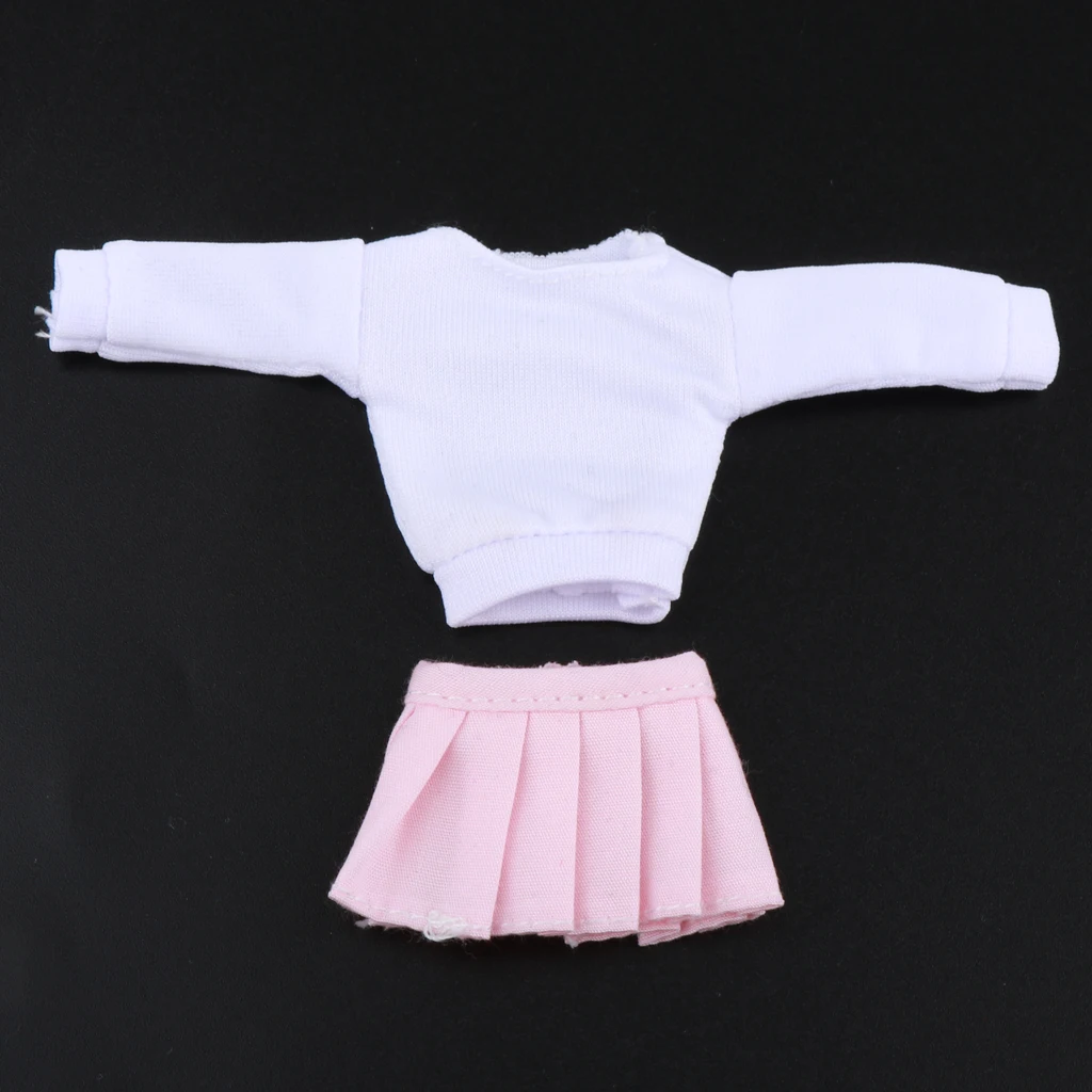 1/12 Scale Women T-shirt & Pink Pleated Skirt Long Sleeve Mini Skirt for BJD Action Figure Clothing Body Outfit Toy Accessory
