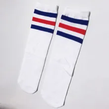 Детские чулки для маленьких мальчиков и девочек, детские носки из чистого хлопка, красные и синие футбольные носки в полоску школьная форма