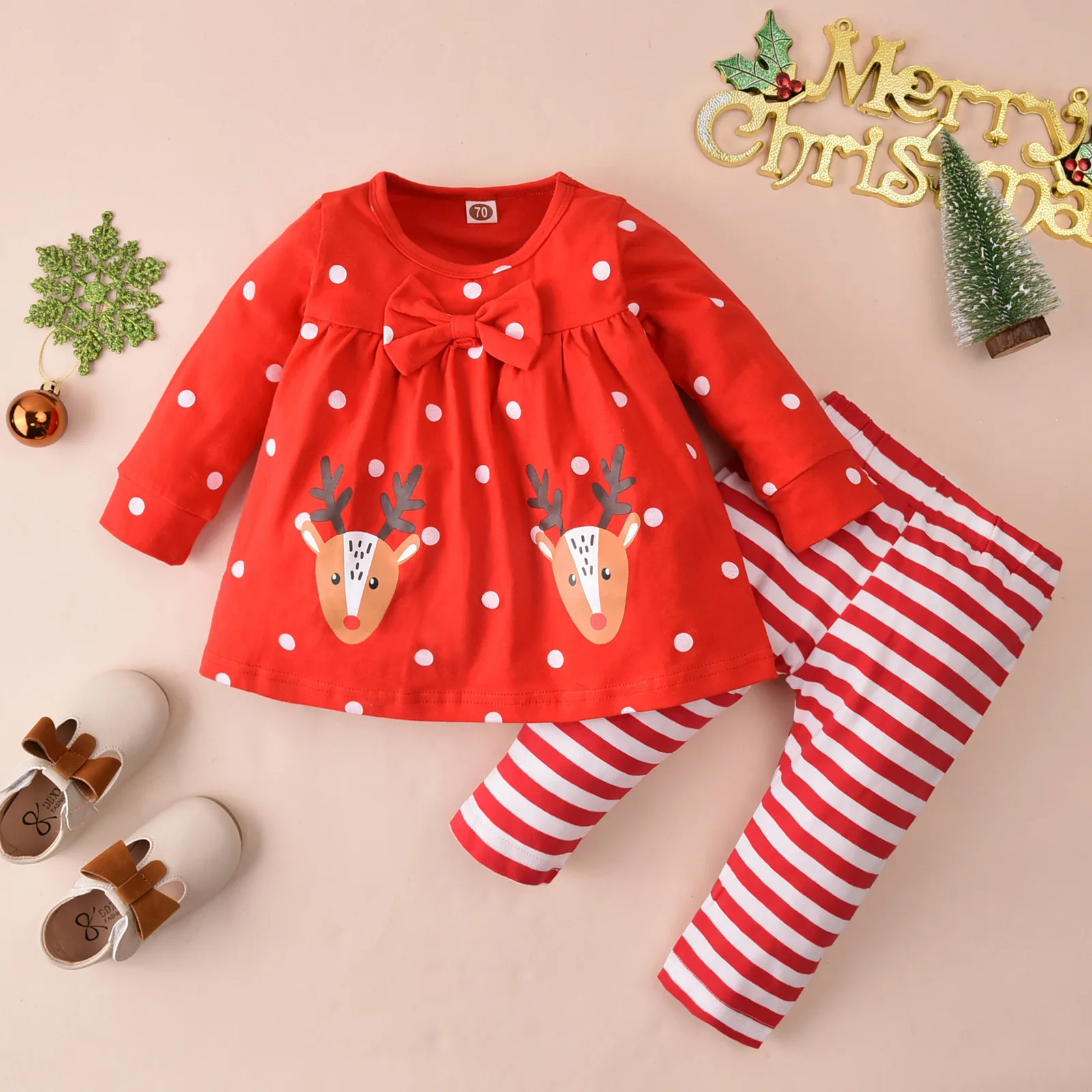 

0-24Months Infant Baby Girls Long Sleeve Christmas Deer Print Tops Stripe Pants Outfits Set disfraz elfo bebe red Cute bow M5