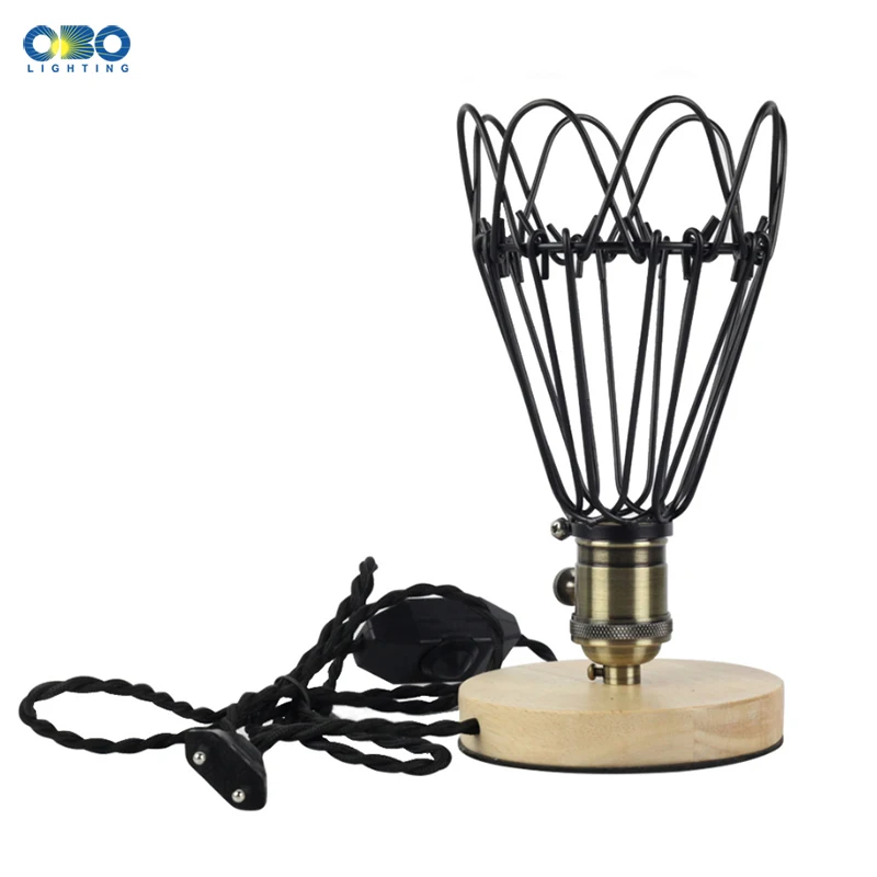 Vintage Table Lamp Single Iron Lampshade With Switch E27 Edison Lamp Base Dimming 1.8 m Wire Wood T
