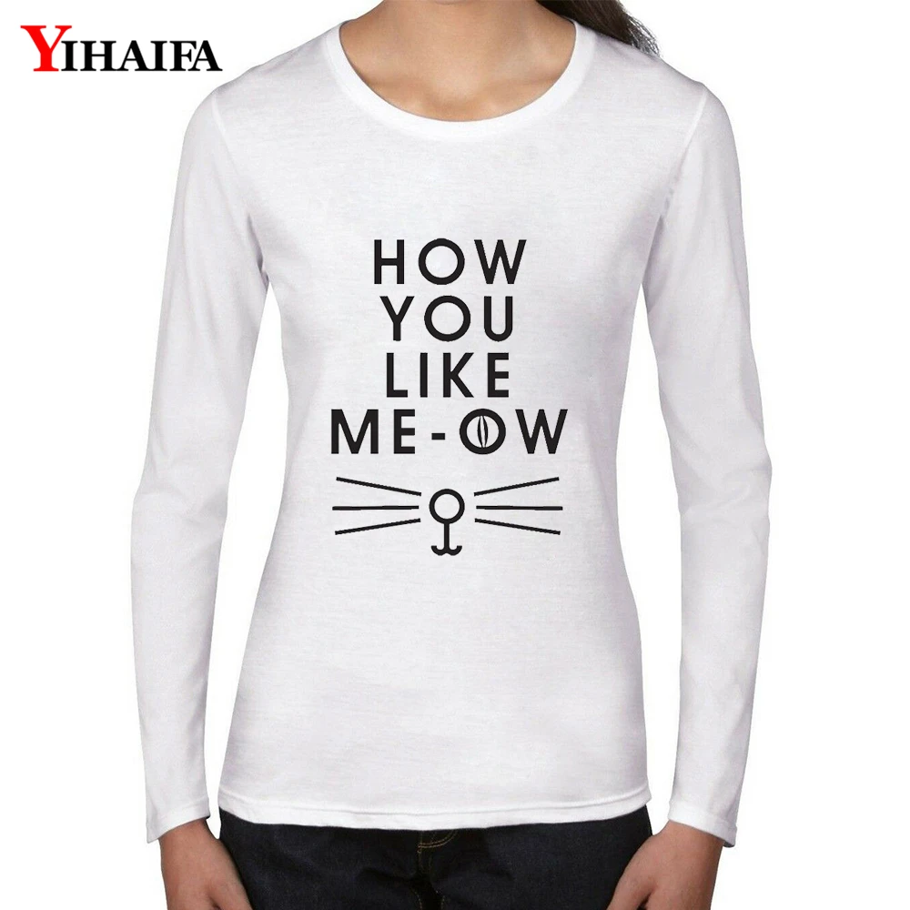 YIHAIFA Womens Long Sleeve Tops Letters Printed Graphics Tee Casual T-shirt White Pullover Undershirt Tees | Женская одежда