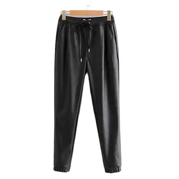 

Women Chic PU Leather Pants Solid Elastic Waist Drawstring Tie Pockets Female Basic Elegant Trousers