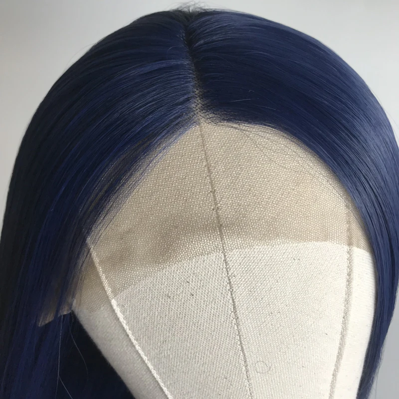 Charisma длинные шелковистые прямые волосы темно-голубые парики бесклеевые синтетические кружева спереди парик Средний часть кружева парики