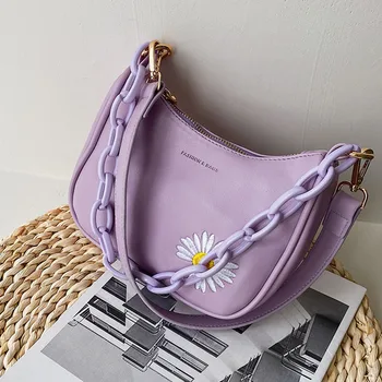 

High QualityDaisy Embroidery Shoulder Bag Women Underarm Bag Fashion Acrylic Chain Handbag Zipper Half Moon Bags Soft PU Tote