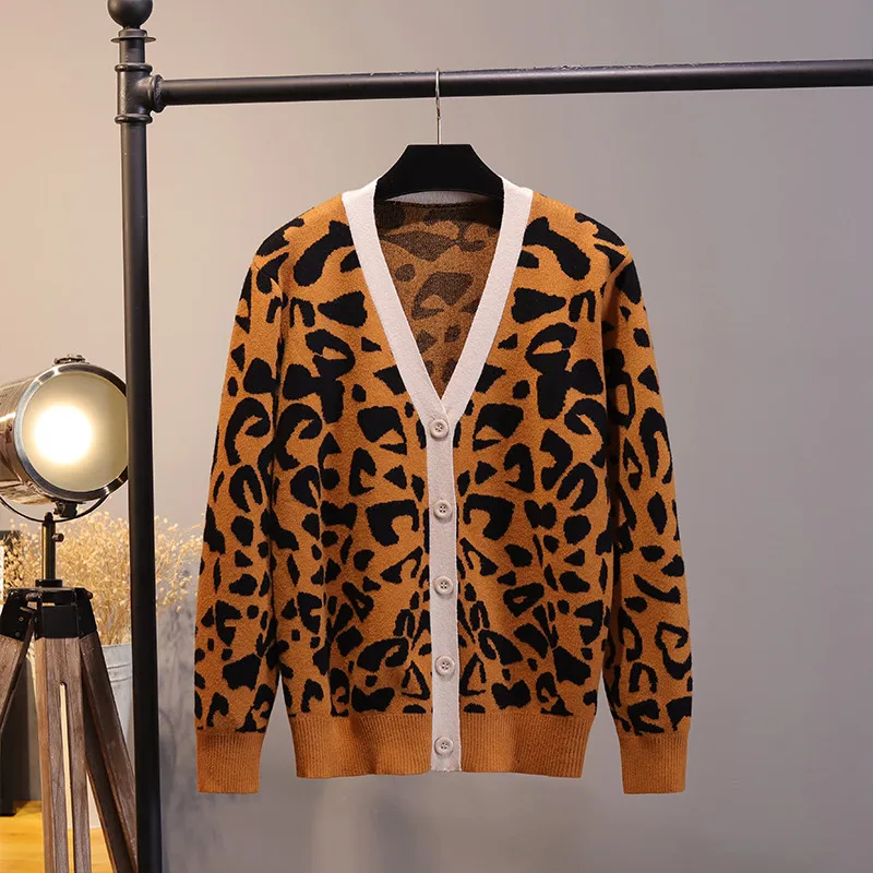 Модные леопардовые свитеры Осень Зима Французский Ретро v-образный вырез вязаный женский кардиган крутой Ins модный джемпер Повседневный трикотаж