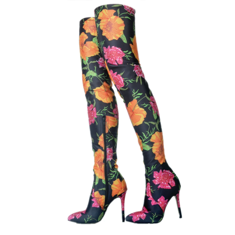 Original Intention Over the Knee High Fashion Flower Printing Boots Woman Pointed Toe Beautiful Colorful Shoes Woman Plus Size