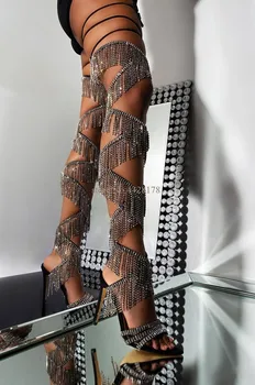 

Luxury Crystal Tassel Strap Over Knee High Heel Boots Design Rhinestone Summer Sandals Shoes Woman Runway Thigh High Boots 2020