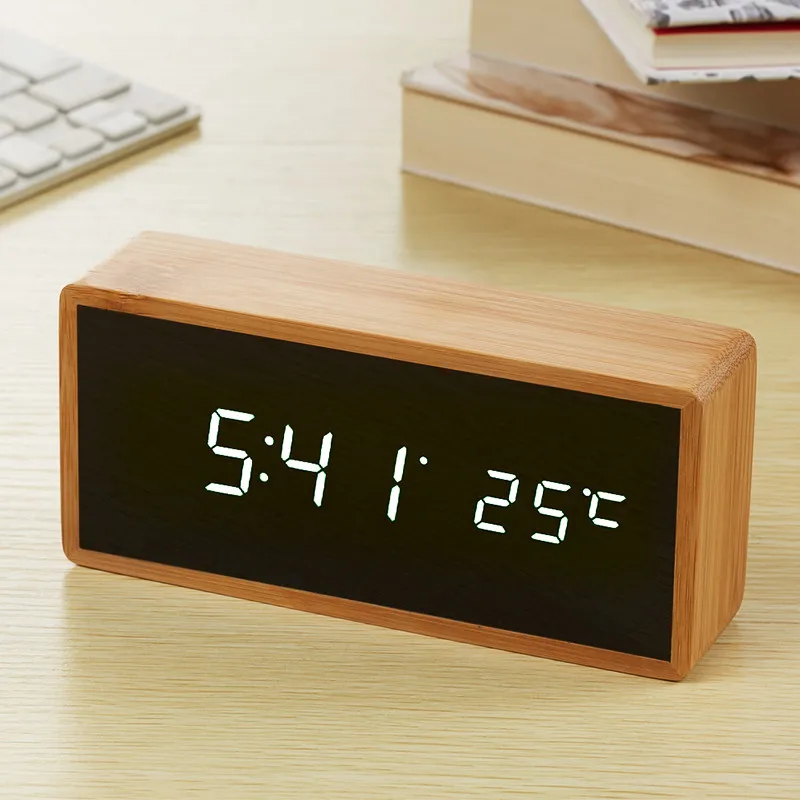 WhiteLED Alarm Clock Настольные часы с цифровыми часами электронные светодиодные часы DespertadorBamboo деревянное зеркало будильник часы контроль температуры звуков - Цвет: WhiteLED Alarm Clock