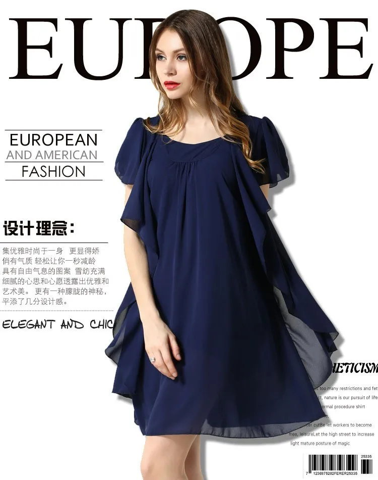 Queechalle, темно-синее шифоновое платье, лето, о-образный вырез, рукав-бабочка, свободные платья, L XL XXL XXXL 4XL 5XL размера плюс, женская одежда