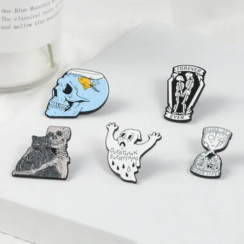 

5 styles Skeleton Enamel Pins Skull Coffin Ghost Hourglass Brooches Denim Jeans shirt bag Halloween Gift for friends
